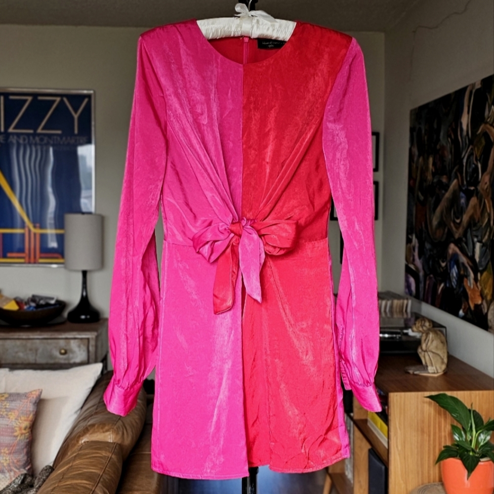 House of Harlow 1960 Pink and Red Long Sleeve Tie-Front Dress